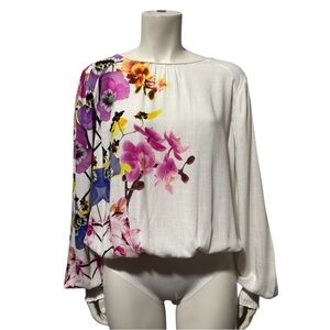 VTG Desigual Floral Asymmetrical Bodysuit | White Long Sleeve Elegant Top | NWT